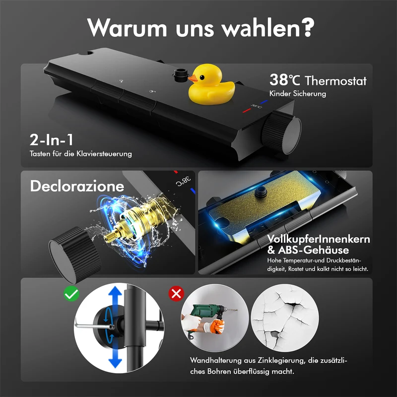 HOMELODY Duschsystem mit Thermostat und Glasablage Schwarz - 30x20cm Groß Kopfbrause Regendusche und 3 Strahlarten Handbrause, 2 Klavierknöpfen Duscharmatur Komplettset, Duschgarnitur mit Regendusche