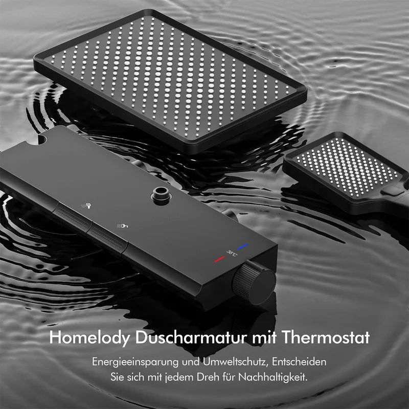 HOMELODY Duschsystem mit Thermostat und Glasablage Schwarz - 30x20cm Groß Kopfbrause Regendusche und 3 Strahlarten Handbrause, 2 Klavierknöpfen Duscharmatur Komplettset, Duschgarnitur mit Regendusche