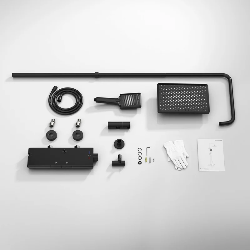 HOMELODY Duschsystem mit Thermostat und Glasablage Schwarz - 30x20cm Groß Kopfbrause Regendusche und 3 Strahlarten Handbrause, 2 Klavierknöpfen Duscharmatur Komplettset, Duschgarnitur mit Regendusche