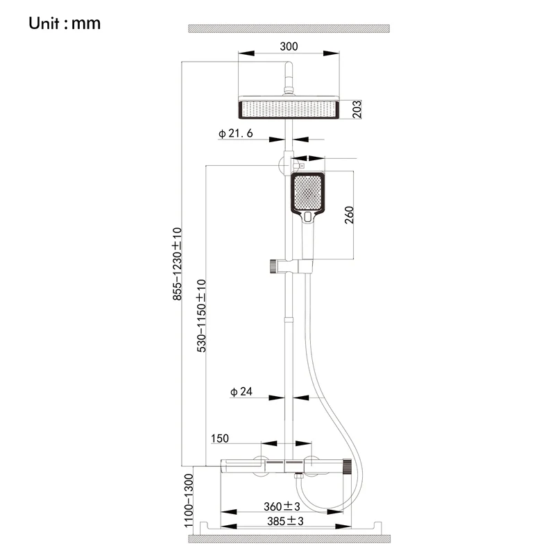 HOMELODY Duschsystem mit Thermostat und Glasablage Schwarz - 30x20cm Groß Kopfbrause Regendusche und 3 Strahlarten Handbrause, 2 Klavierknöpfen Duscharmatur Komplettset, Duschgarnitur mit Regendusche