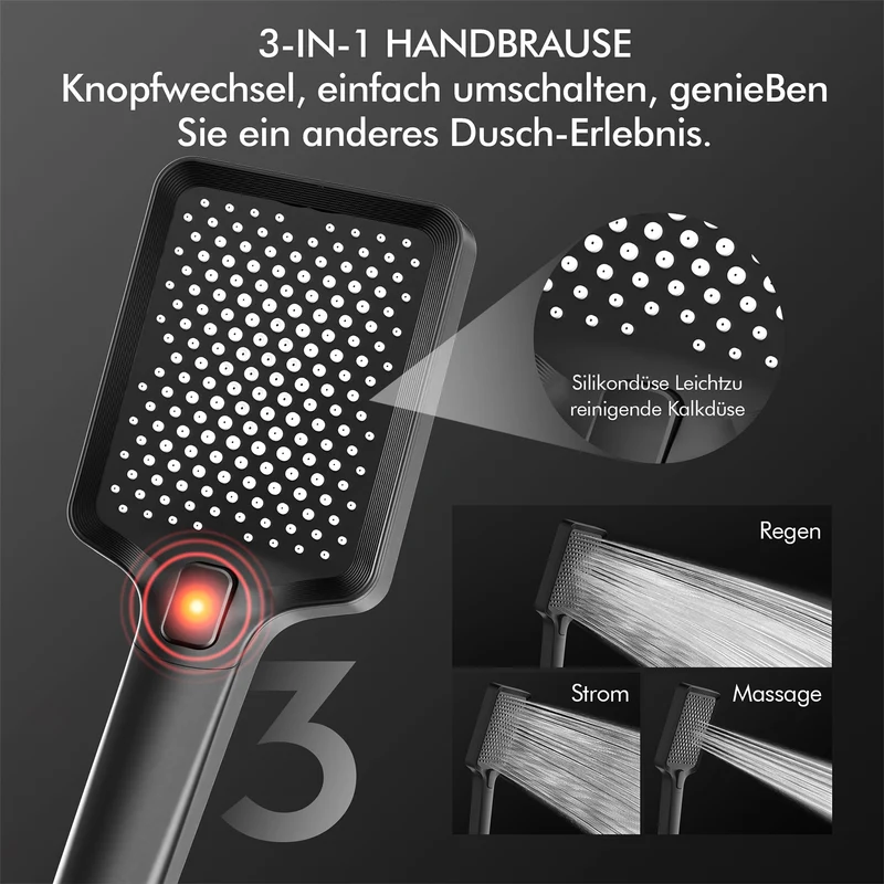 HOMELODY Duschsystem mit Thermostat und Glasablage Schwarz - 30x20cm Groß Kopfbrause Regendusche und 3 Strahlarten Handbrause, 2 Klavierknöpfen Duscharmatur Komplettset, Duschgarnitur mit Regendusche