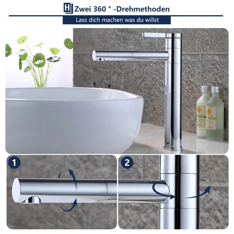 Doppelt 360° drehbar Hohe Waschtischarmatur Chrom Homelody Wasserhahn Bad für Waschbecken im Badezimmer armaturen