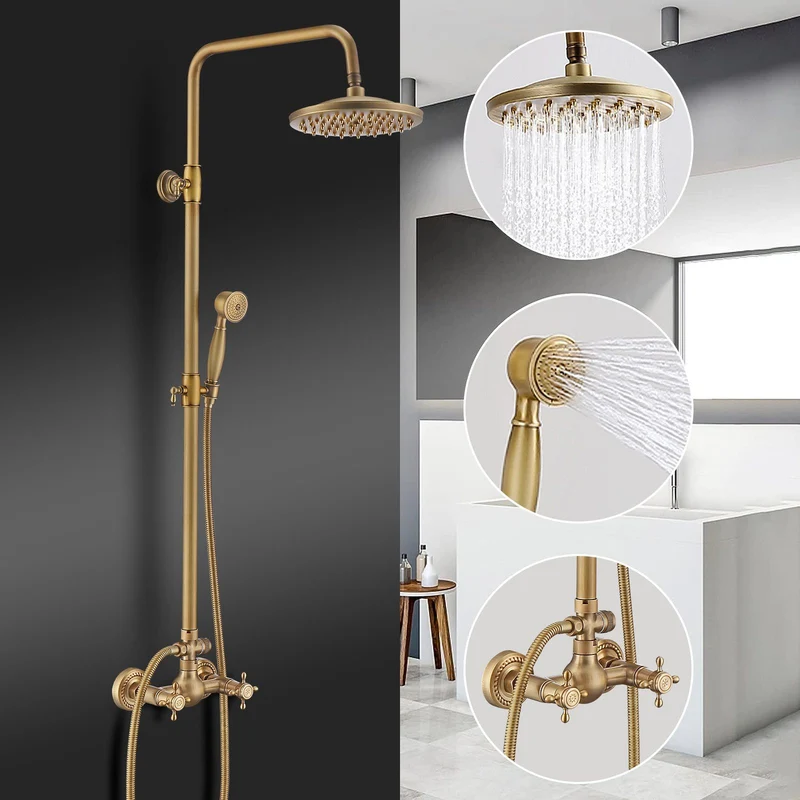 Homelody Duschsystem gold Retro Messing Duscharmatur Set Antik Gold Dusche mit Regendusche, Thermostatische Dusche, Duschset mit 8" Regendusche Handbrause Kopf - Höhenverstellbar