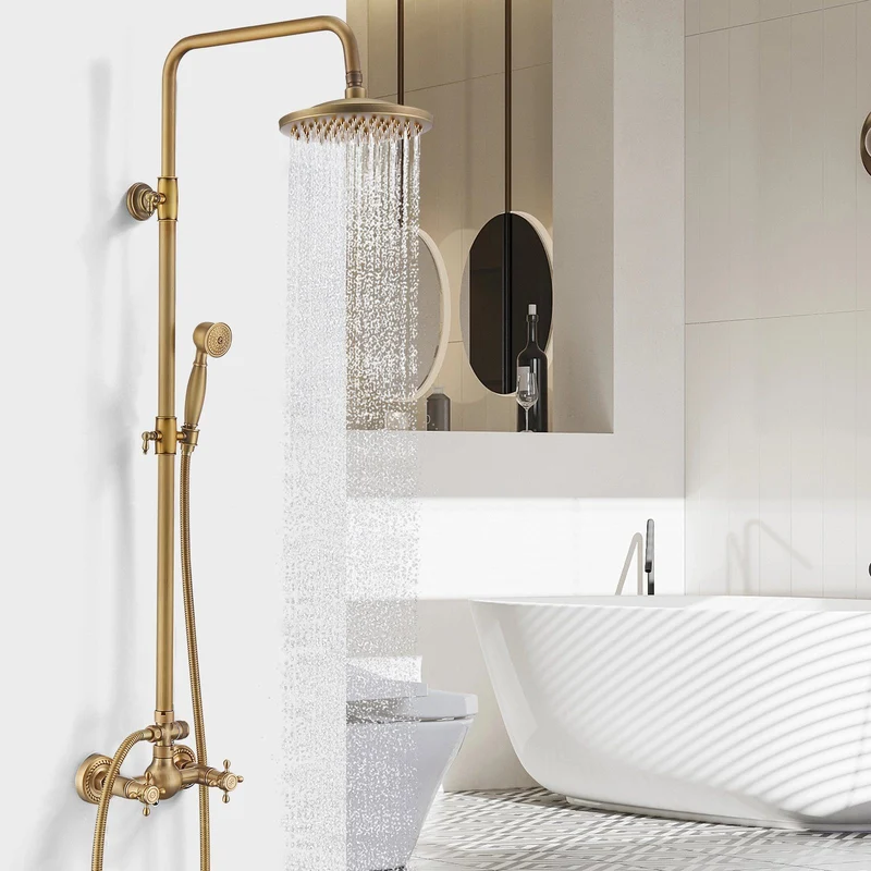 Homelody Duschsystem gold Retro Messing Duscharmatur Set Antik Gold Dusche mit Regendusche, Thermostatische Dusche, Duschset mit 8" Regendusche Handbrause Kopf - Höhenverstellbar