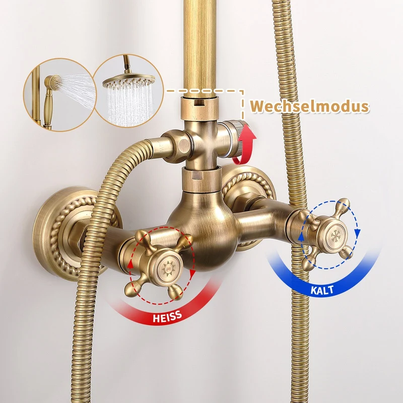 Homelody Duschsystem gold Retro Messing Duscharmatur Set Antik Gold Dusche mit Regendusche, Thermostatische Dusche, Duschset mit 8" Regendusche Handbrause Kopf - Höhenverstellbar