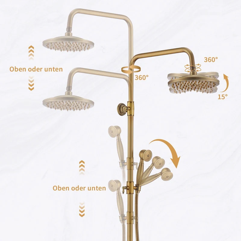 Homelody Duschsystem gold Retro Messing Duscharmatur Set Antik Gold Dusche mit Regendusche, Thermostatische Dusche, Duschset mit 8" Regendusche Handbrause Kopf - Höhenverstellbar