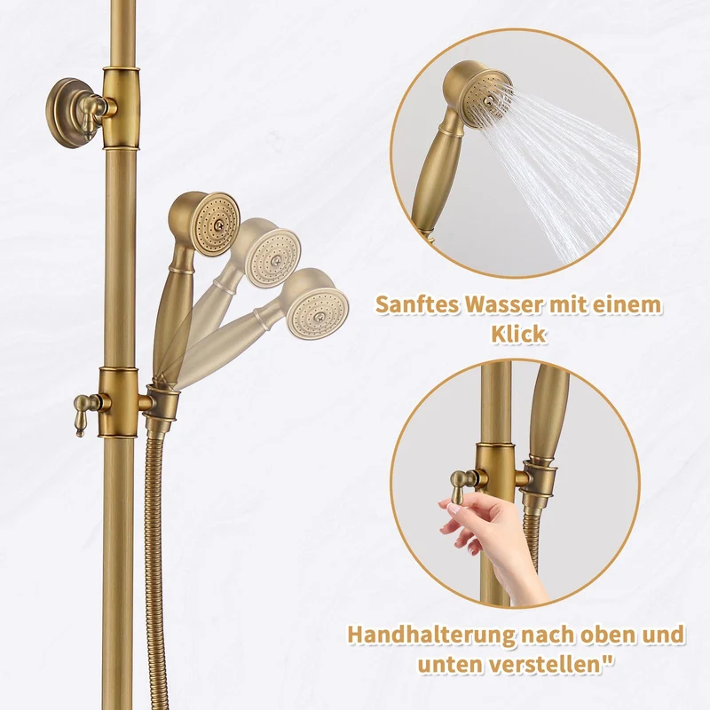 Homelody Duschsystem gold Retro Messing Duscharmatur Set Antik Gold Dusche mit Regendusche, Thermostatische Dusche, Duschset mit 8" Regendusche Handbrause Kopf - Höhenverstellbar
