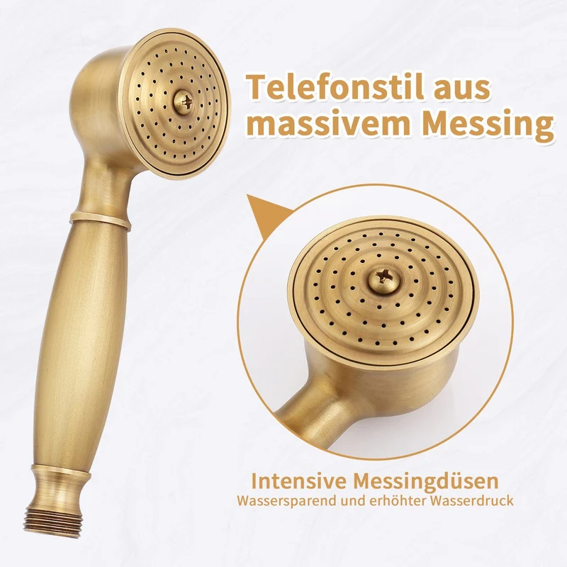 Homelody Duschsystem gold Retro Messing Duscharmatur Set Antik Gold Dusche mit Regendusche, Thermostatische Dusche, Duschset mit 8" Regendusche Handbrause Kopf - Höhenverstellbar
