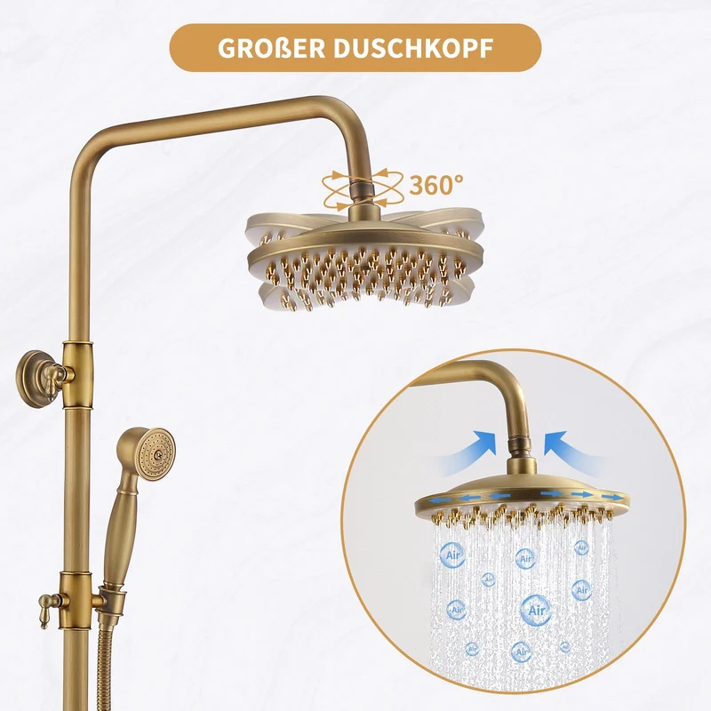Homelody Duschsystem gold Retro Messing Duscharmatur Set Antik Gold Dusche mit Regendusche, Thermostatische Dusche, Duschset mit 8" Regendusche Handbrause Kopf - Höhenverstellbar