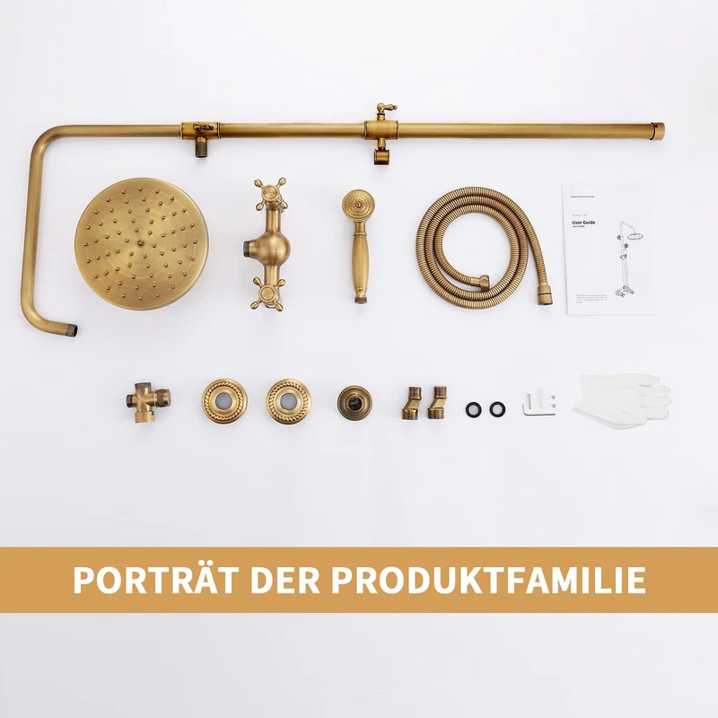 Homelody Duschsystem gold Retro Messing Duscharmatur Set Antik Gold Dusche mit Regendusche, Thermostatische Dusche, Duschset mit 8" Regendusche Handbrause Kopf - Höhenverstellbar