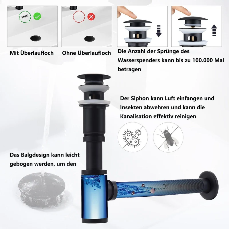 Homelody Ablaufgarnitur Siphon Pop Up Ablaufgarnitur mit Überlauf Universal Röhrensiphon Set, Waschtisch Bad Geruchsverschluss Stöpsel Abfluss Garnitur Schwarz