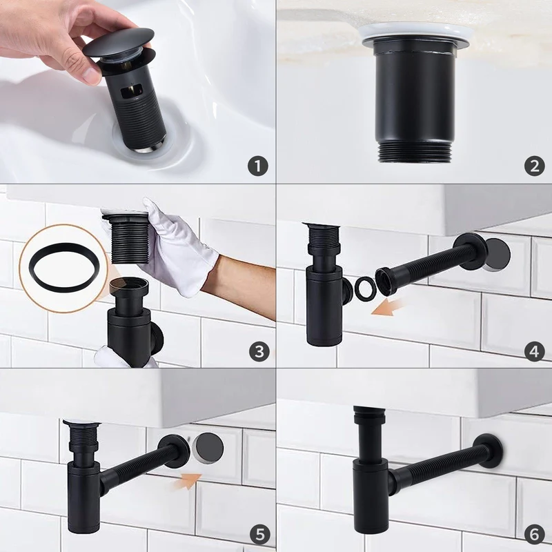 Homelody Ablaufgarnitur Siphon Pop Up Ablaufgarnitur mit Überlauf Universal Röhrensiphon Set, Waschtisch Bad Geruchsverschluss Stöpsel Abfluss Garnitur Schwarz
