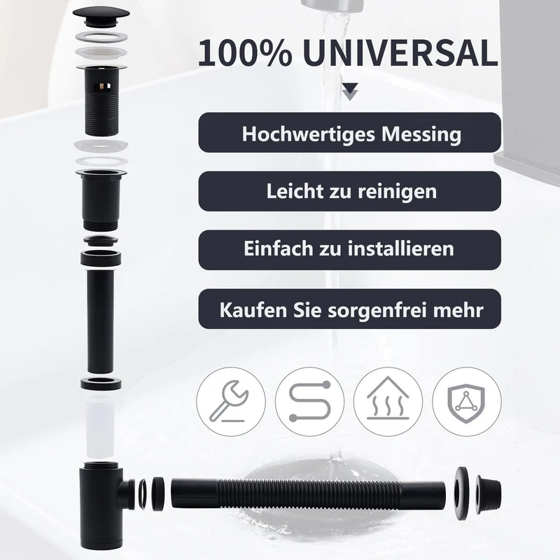 Homelody Ablaufgarnitur Siphon Pop Up Ablaufgarnitur mit Überlauf Universal Röhrensiphon Set, Waschtisch Bad Geruchsverschluss Stöpsel Abfluss Garnitur Schwarz