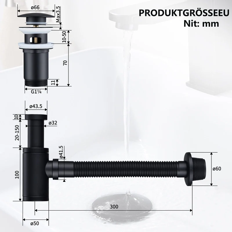 Homelody Ablaufgarnitur Siphon Pop Up Ablaufgarnitur mit Überlauf Universal Röhrensiphon Set, Waschtisch Bad Geruchsverschluss Stöpsel Abfluss Garnitur Schwarz