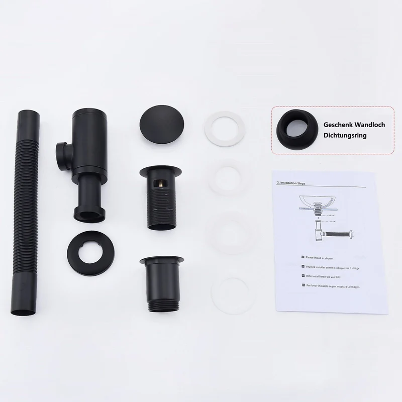 Homelody Ablaufgarnitur Siphon Pop Up Ablaufgarnitur mit Überlauf Universal Röhrensiphon Set, Waschtisch Bad Geruchsverschluss Stöpsel Abfluss Garnitur Schwarz