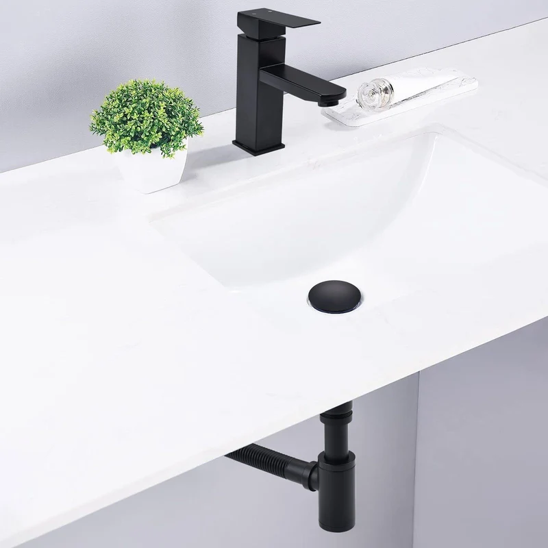 Homelody Ablaufgarnitur Siphon Pop Up Ablaufgarnitur mit Überlauf Universal Röhrensiphon Set, Waschtisch Bad Geruchsverschluss Stöpsel Abfluss Garnitur Schwarz