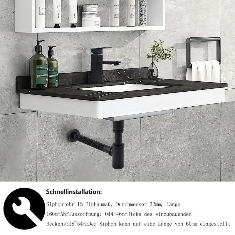 Homelody Ablaufgarnitur Siphon Pop Up Ablaufgarnitur mit Überlauf Universal Röhrensiphon Set, Waschtisch Bad Geruchsverschluss Stöpsel Abfluss Garnitur Schwarz