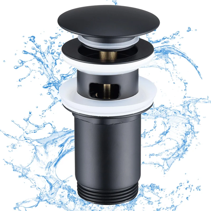 HOMELODY Ablaufgarnitur Schwarz Matt mit Überlauf, Universal Ablaufventil Abflussgarnitur für Waschbecken, Messing Pop Up Ablauf Abfluss Stöpsel Ventil für Waschtisch/Waschbecken