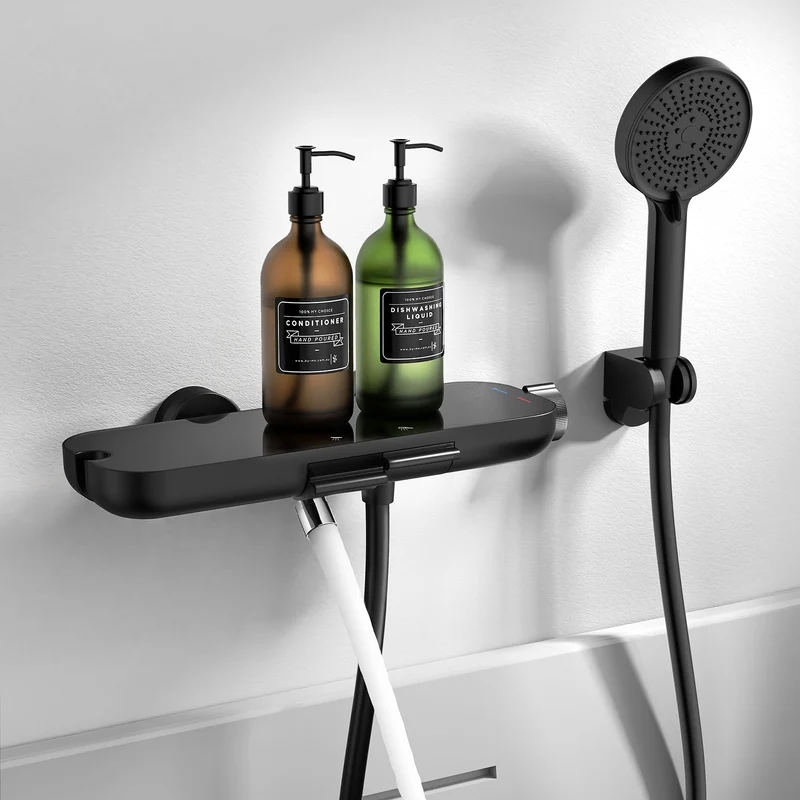 Homelody Duschsystem Badewannenarmatur mit Ablage 370 mm und 3-Funktions-Handbrause