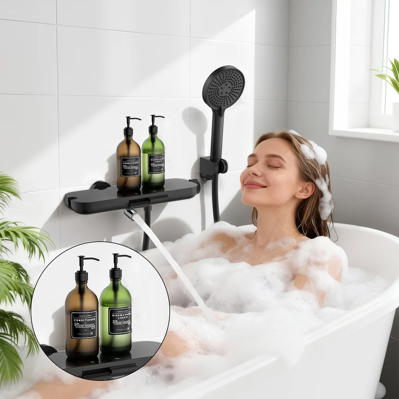 Homelody Duschsystem Badewannenarmatur mit Ablage 370 mm und 3-Funktions-Handbrause