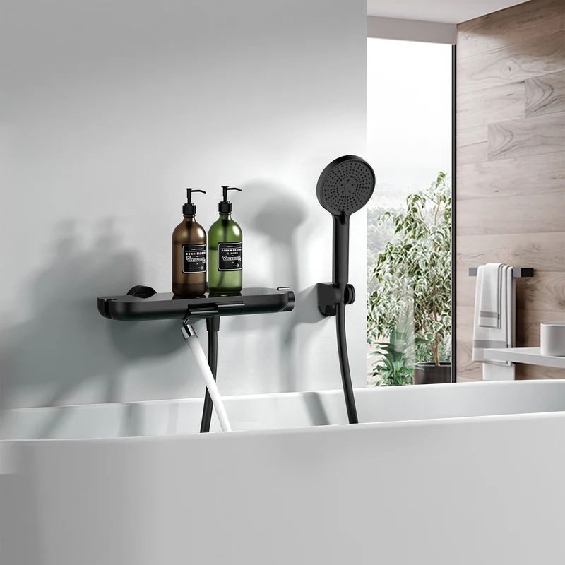 Homelody Duschsystem Badewannenarmatur mit Ablage 370 mm und 3-Funktions-Handbrause