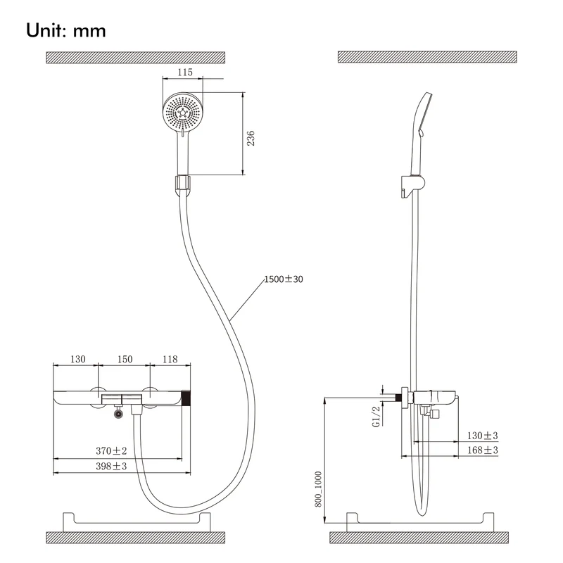 Homelody Duschsystem Badewannenarmatur mit Ablage 370 mm und 3-Funktions-Handbrause
