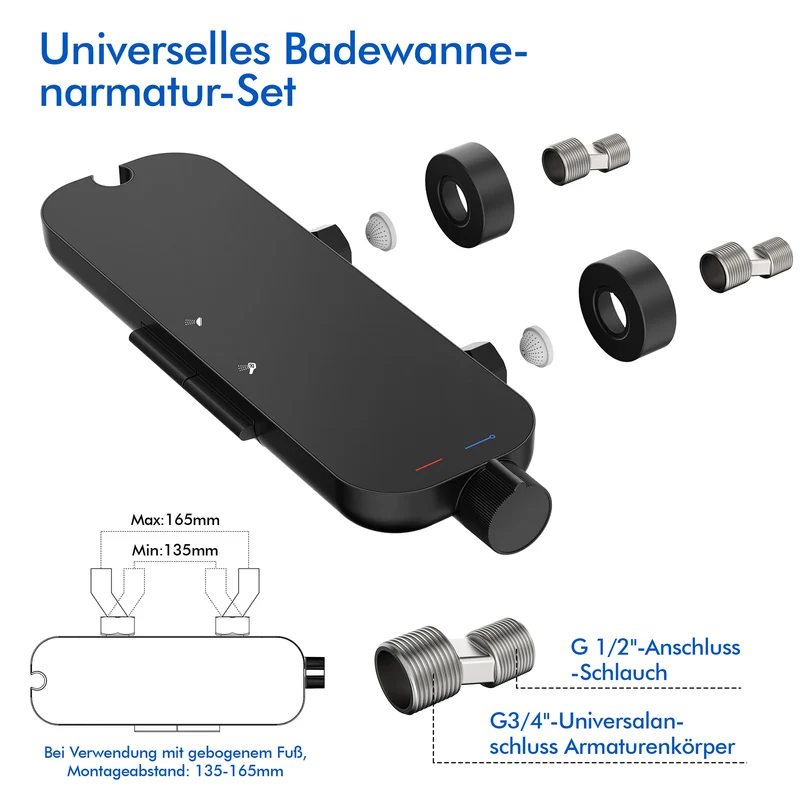 Homelody Duschsystem Badewannenarmatur mit Ablage 370 mm und 3-Funktions-Handbrause