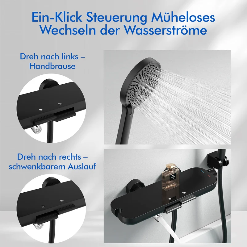 Homelody Duschsystem Badewannenarmatur mit Ablage 370 mm und 3-Funktions-Handbrause