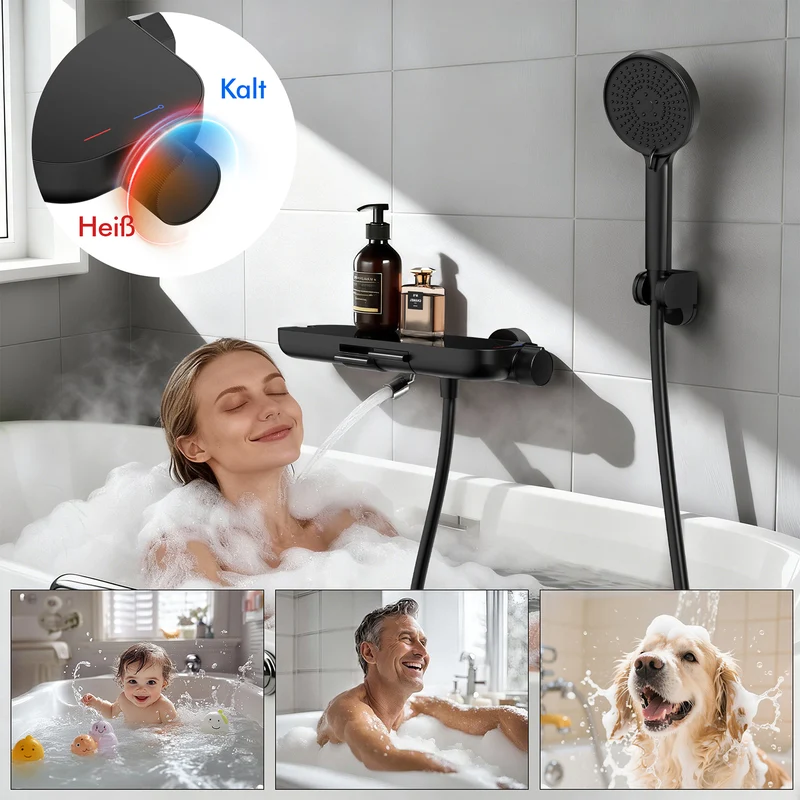Homelody Duschsystem Badewannenarmatur mit Ablage 370 mm und 3-Funktions-Handbrause