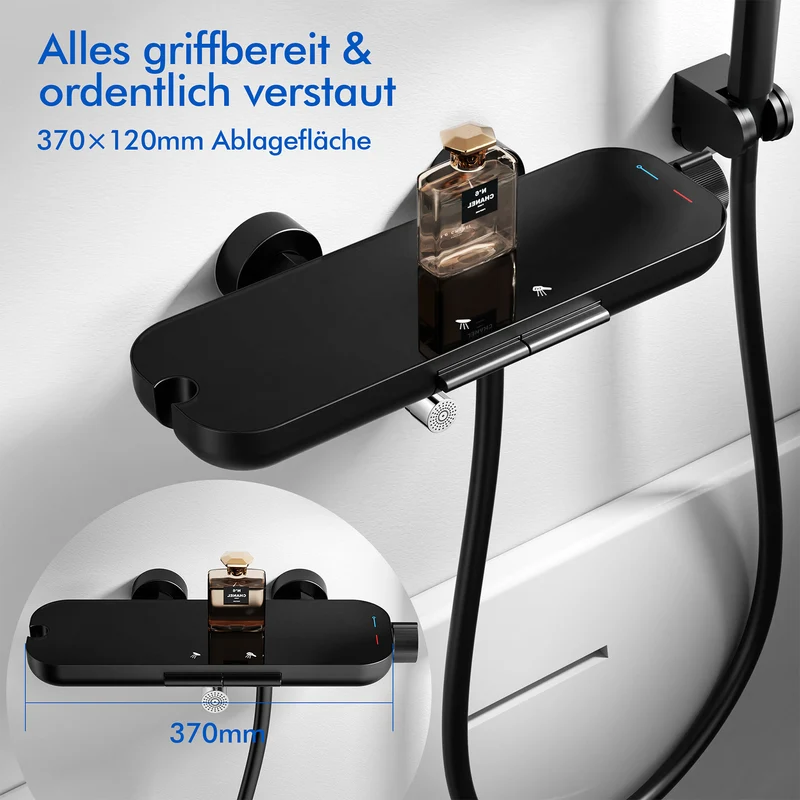 Homelody Duschsystem Badewannenarmatur mit Ablage 370 mm und 3-Funktions-Handbrause