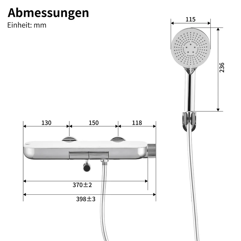 Homelody Duschsystem Badewannenarmatur mit Ablage 370 mm und 3-Funktions-Handbrause
