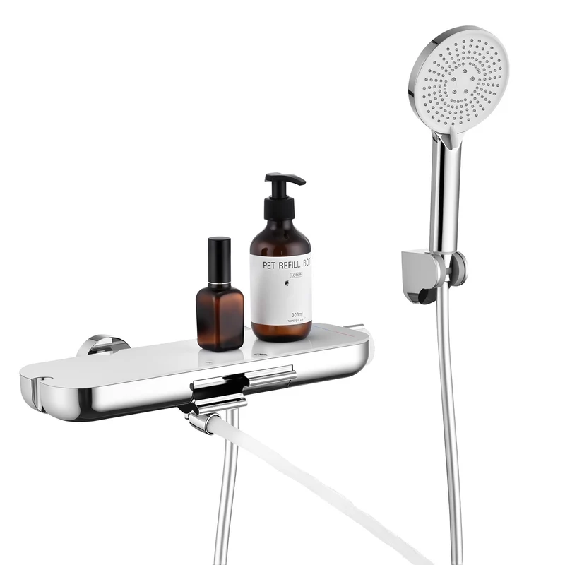 Homelody Duschsystem Badewannenarmatur mit Ablage 370 mm und 3-Funktions-Handbrause