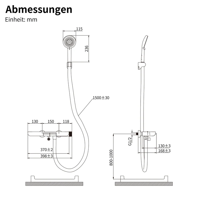 Homelody Duschsystem Badewannenarmatur mit Ablage 370 mm und 3-Funktions-Handbrause
