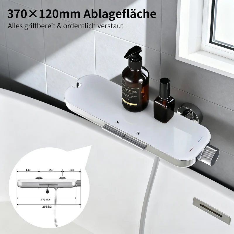 Homelody Duschsystem Badewannenarmatur mit Ablage 370 mm und 3-Funktions-Handbrause