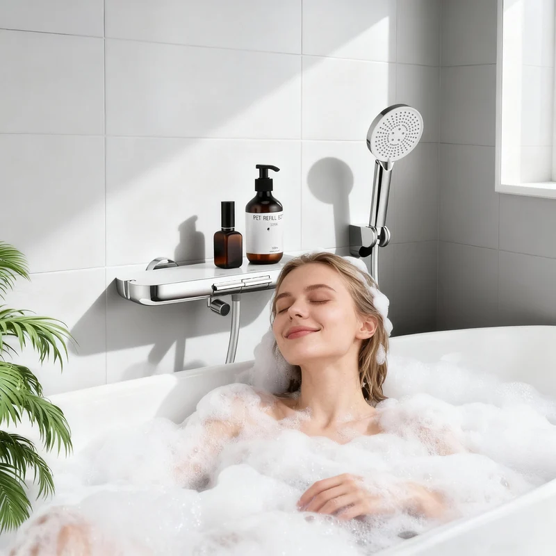 Homelody Duschsystem Badewannenarmatur mit Ablage 370 mm und 3-Funktions-Handbrause