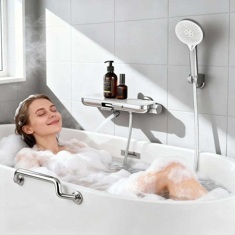 Homelody Duschsystem Badewannenarmatur mit Ablage 370 mm und 3-Funktions-Handbrause