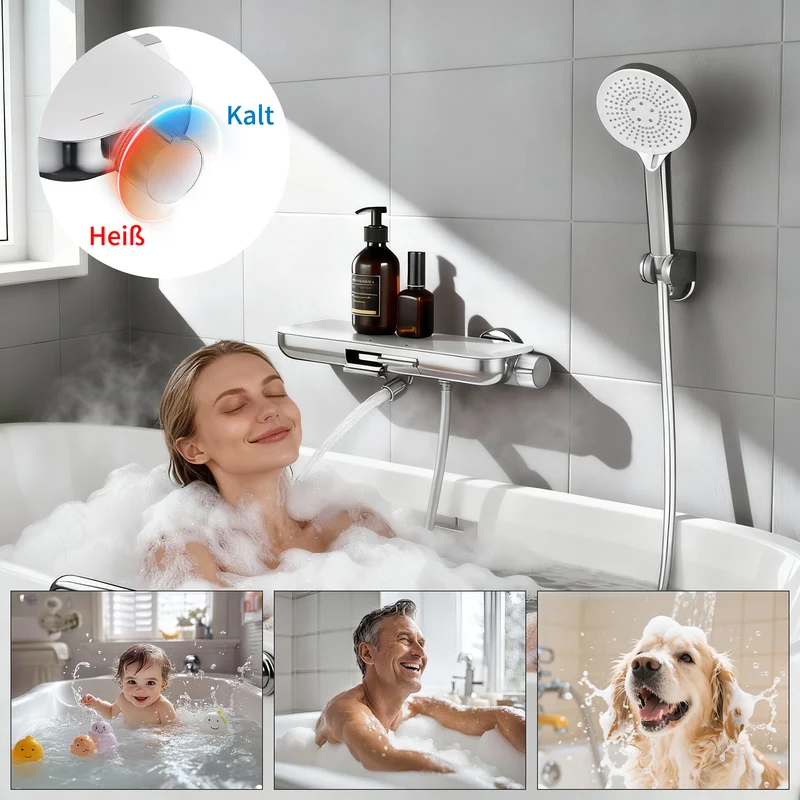 Homelody Duschsystem Badewannenarmatur mit Ablage 370 mm und 3-Funktions-Handbrause