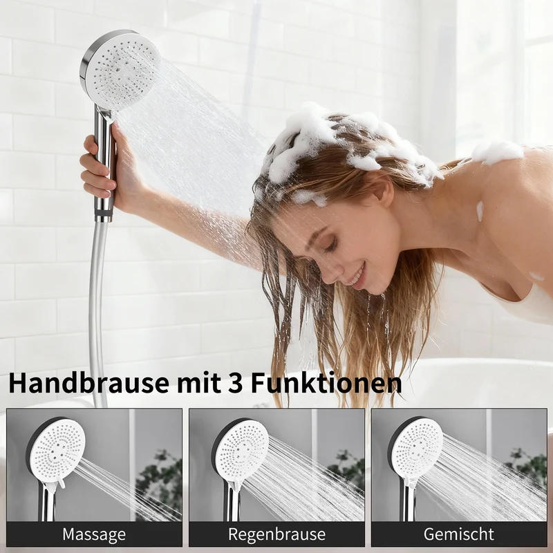 Homelody Duschsystem Badewannenarmatur mit Ablage 370 mm und 3-Funktions-Handbrause
