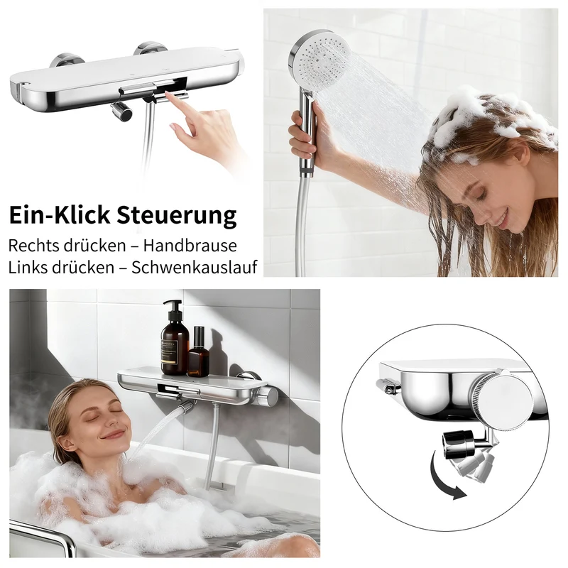 Homelody Duschsystem Badewannenarmatur mit Ablage 370 mm und 3-Funktions-Handbrause