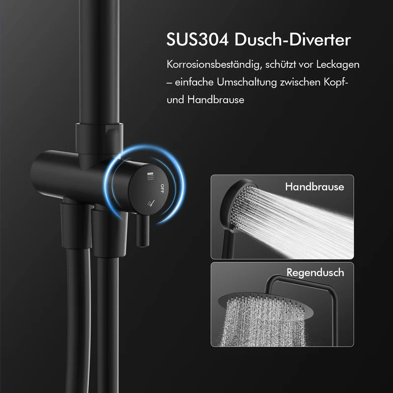 Kombipackung - Homelody Duschsystem mit Regendusche, Handbrause und Thermostat in Schwarz