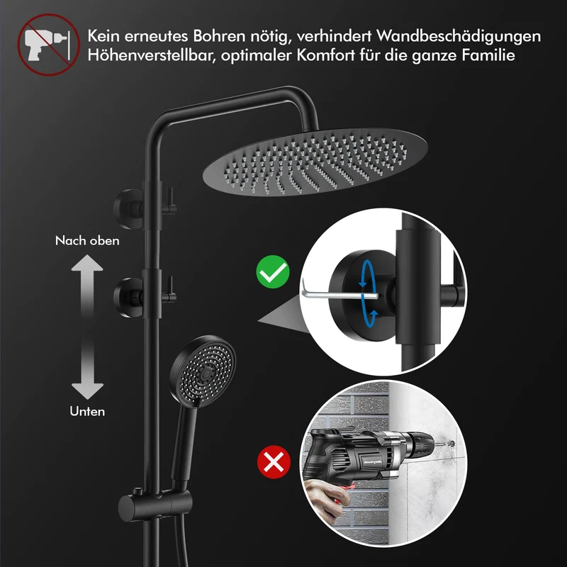 Kombipackung - Homelody Duschsystem mit Regendusche, Handbrause und Thermostat in Schwarz
