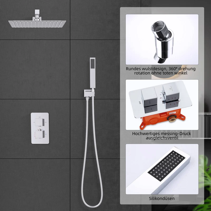 Homelody Unterputz-Duschsystem Thermostat Messing Dusche quadratisch Duschzubehör Chrom-Duschset