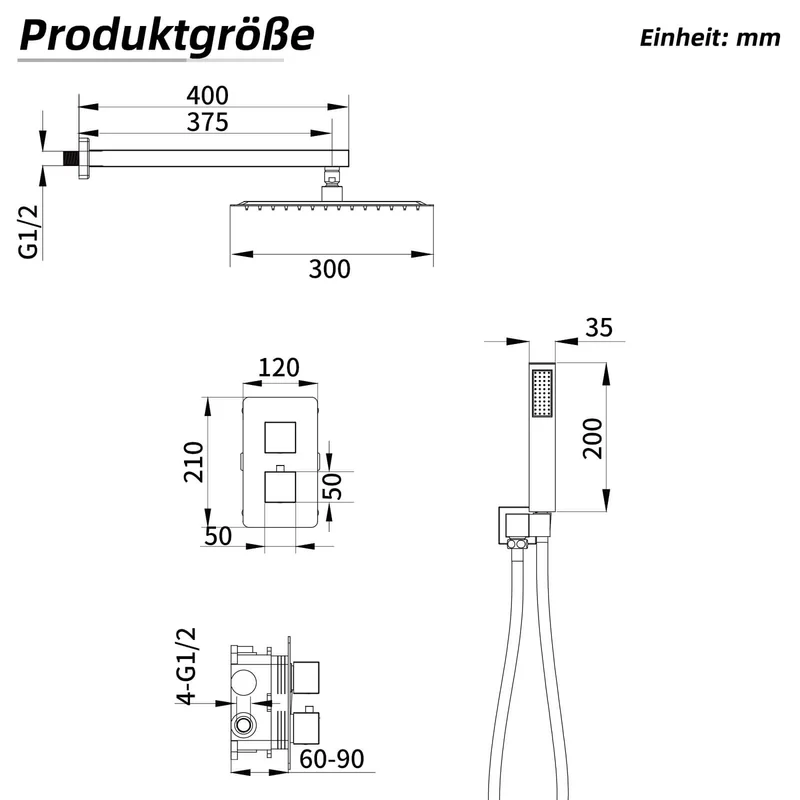 Homelody Unterputz-Duschsystem Thermostat Messing Dusche quadratisch Duschzubehör Chrom-Duschset