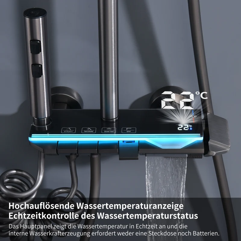 Homelody Duschsystem Messing 4 Wasserausgabe Modi, Duscharmatur Komplettset，Duschset Digitale Temperaturanzeige mit Atmosphärenlicht，Dusche Komplett