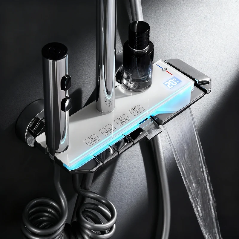 Homelody Duschsystem Messing 4 Wasserausgabe Modi, Duscharmatur Komplettset，Duschset Digitale Temperaturanzeige mit Atmosphärenlicht，Dusche Komplett