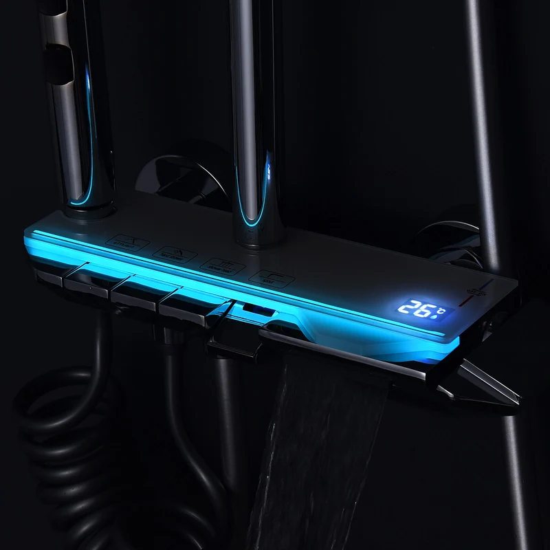 Homelody Duschsystem Messing 4 Wasserausgabe Modi, Duscharmatur Komplettset，Duschset Digitale Temperaturanzeige mit Atmosphärenlicht，Dusche Komplett