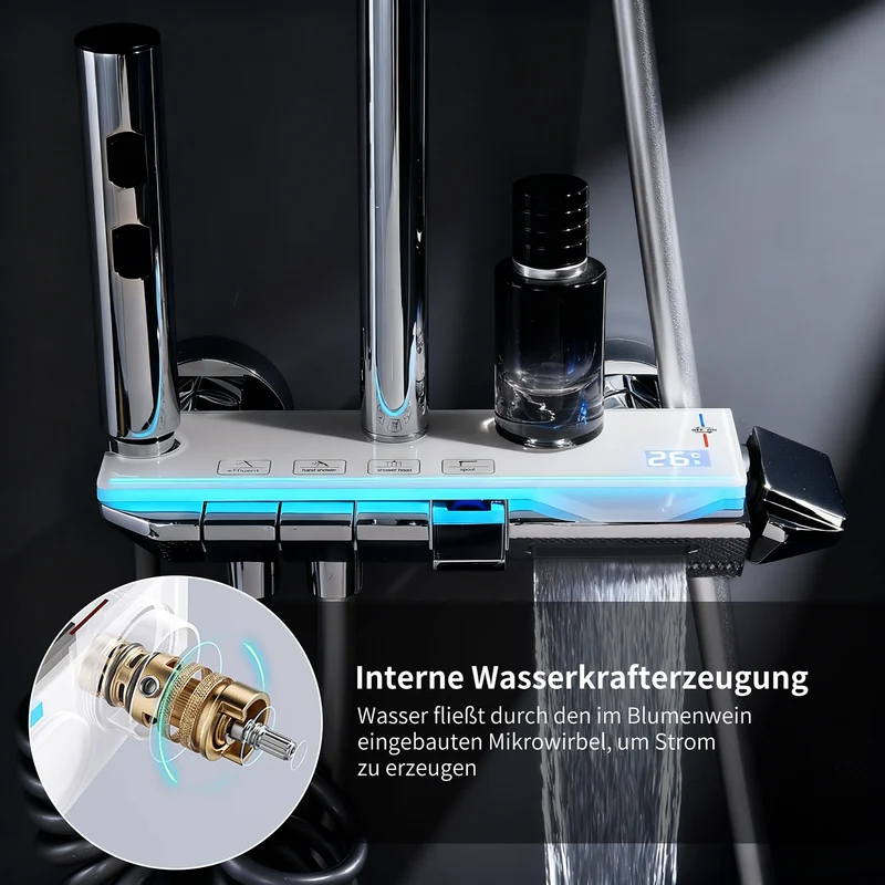 Homelody Duschsystem Messing 4 Wasserausgabe Modi, Duscharmatur Komplettset，Duschset Digitale Temperaturanzeige mit Atmosphärenlicht，Dusche Komplett