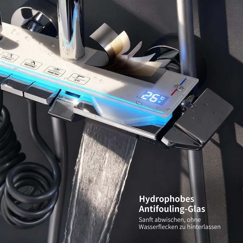 Homelody Duschsystem Messing 4 Wasserausgabe Modi, Duscharmatur Komplettset，Duschset Digitale Temperaturanzeige mit Atmosphärenlicht，Dusche Komplett