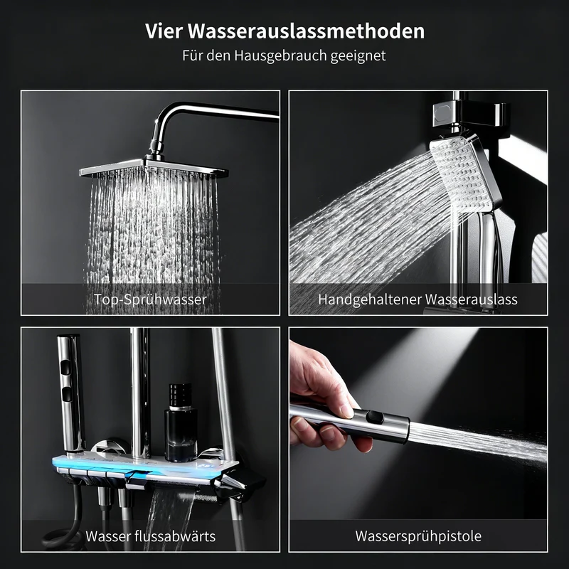 Homelody Duschsystem Messing 4 Wasserausgabe Modi, Duscharmatur Komplettset，Duschset Digitale Temperaturanzeige mit Atmosphärenlicht，Dusche Komplett
