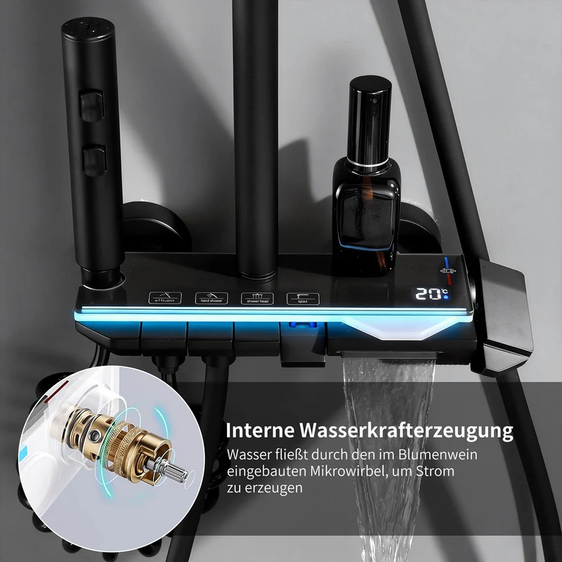 Homelody Duschsystem Messing 4 Wasserausgabe Modi, Duscharmatur Komplettset，Duschset Digitale Temperaturanzeige mit Atmosphärenlicht，Dusche Komplett